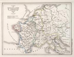 Carte du partage de l'empire de Charlemagne au traité de Verdun en 843