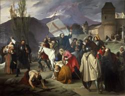 Dieu le veut ! Pierre l'Ermite parcourt à cheval les villages pour prêcher la première croisade en 1095 - Peinture de Francesco Hayez